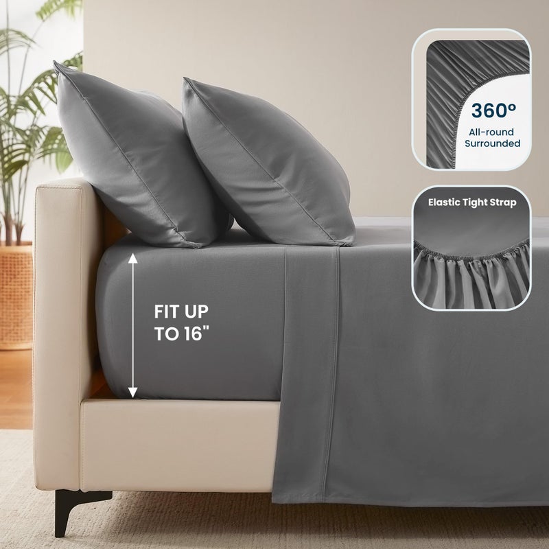 SLEEP ZONE Nanotex Super Soft Cooling Queen Bed Sheets Set 4 Piece - Easy Care Fitted Flat Sheet & Pillowcase Sets - Wrinkle Free, Fade Resistant, Deep Pocket 16"" (Gull Gray, Queen) - Image 5